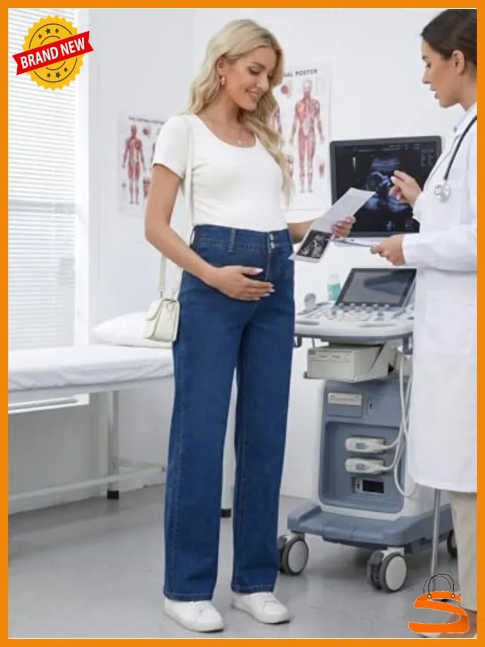 Maternity High Rise Straight Leg Boyfriend Jeans Cotton Adjustable Waist